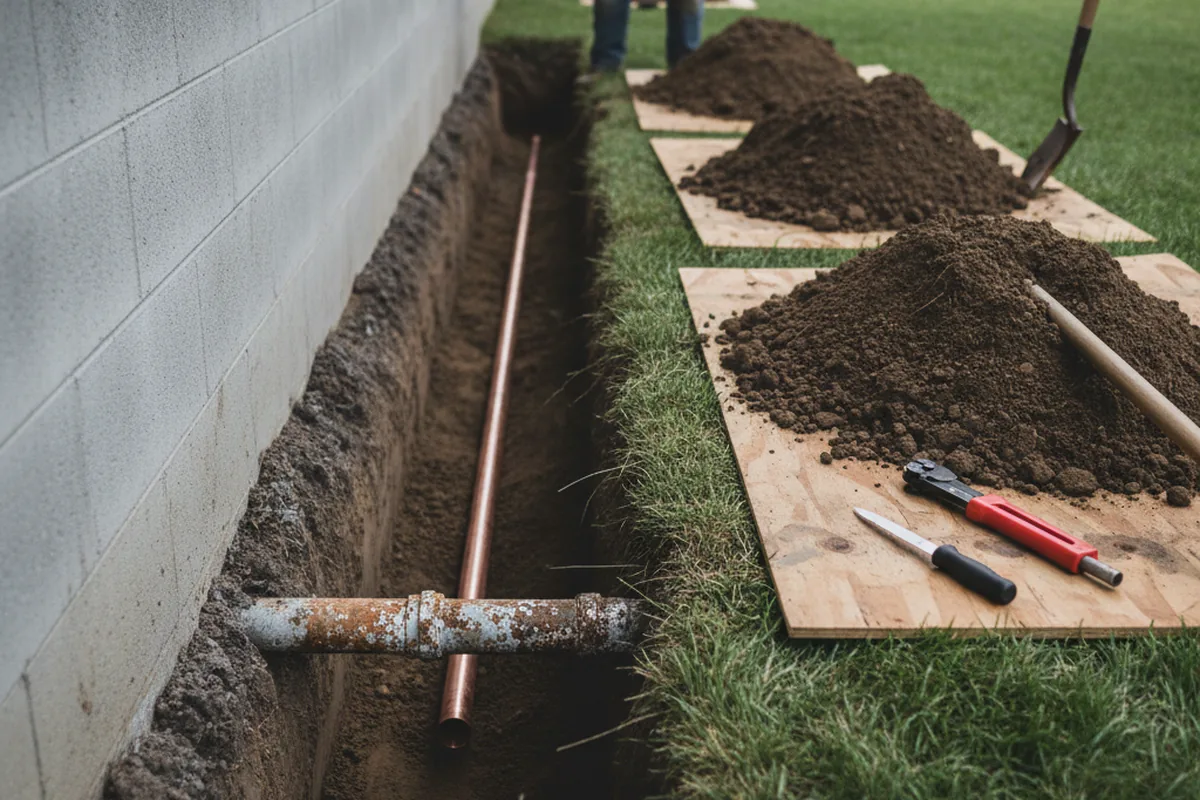 Excavated water line trench during Water Softener Installation in Grantville